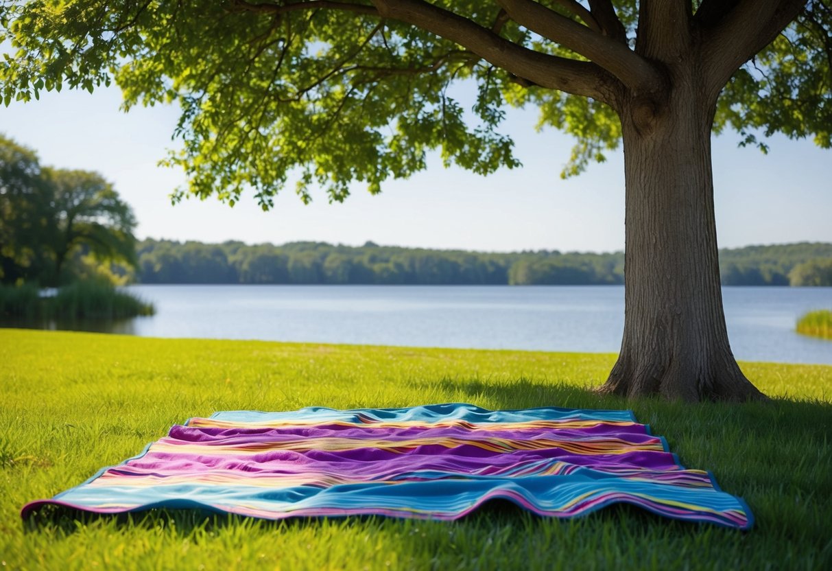 A colorful picnic blanket spread out under the shade of a tall tree, surrounded by lush green grass and a serene lake in the background