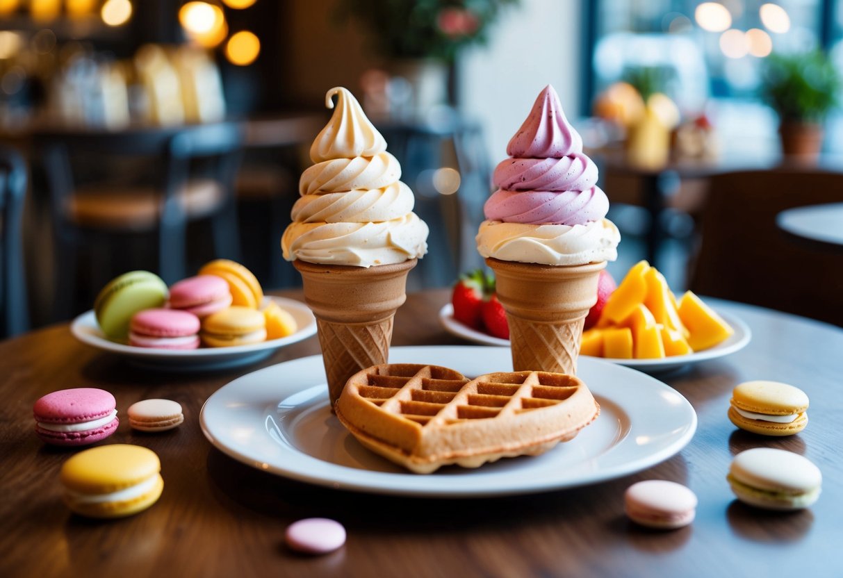 A table with two gelato cones and a heart-shaped waffle, surrounded by colorful macarons and fresh fruit, with a cozy cafe ambiance