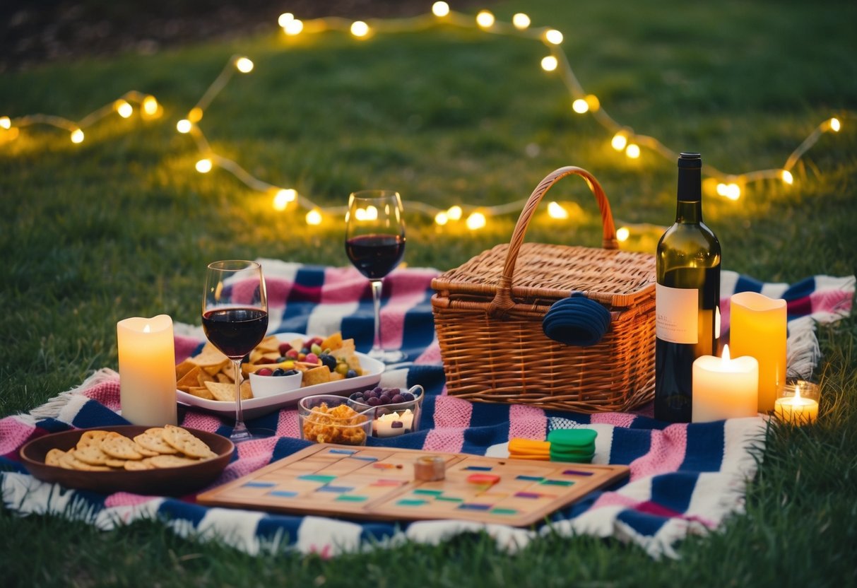 A cozy picnic blanket surrounded by fairy lights and candles, with a basket of snacks and wine, and a homemade board game on the grass
