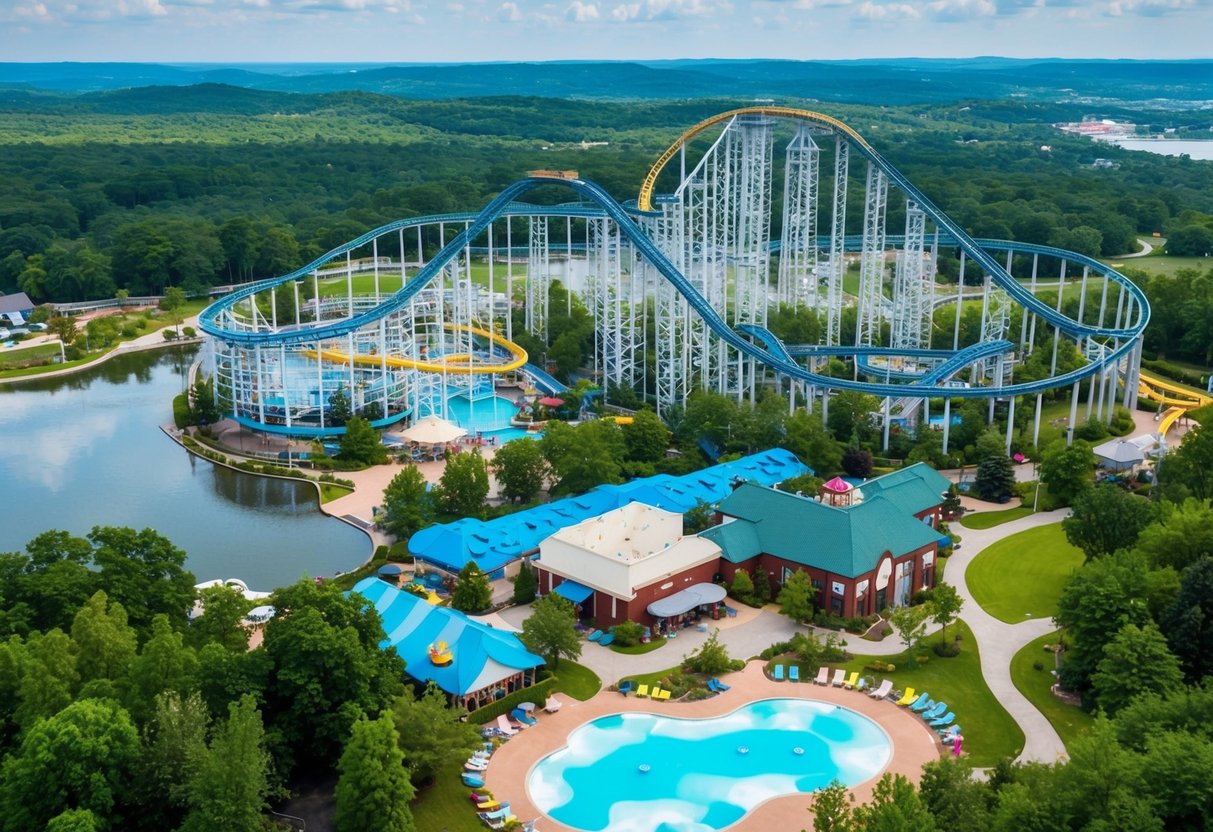 Thrilling roller coasters soar above a bustling water park, surrounded by lush greenery and excited laughter at Dorney Park & Wildwater Kingdom in Allentown, PA