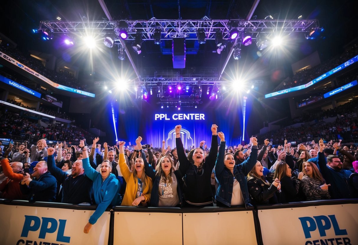 Crowd cheering under bright lights at PPL Center. Music fills the air as people enjoy a concert or event in Allentown, PA