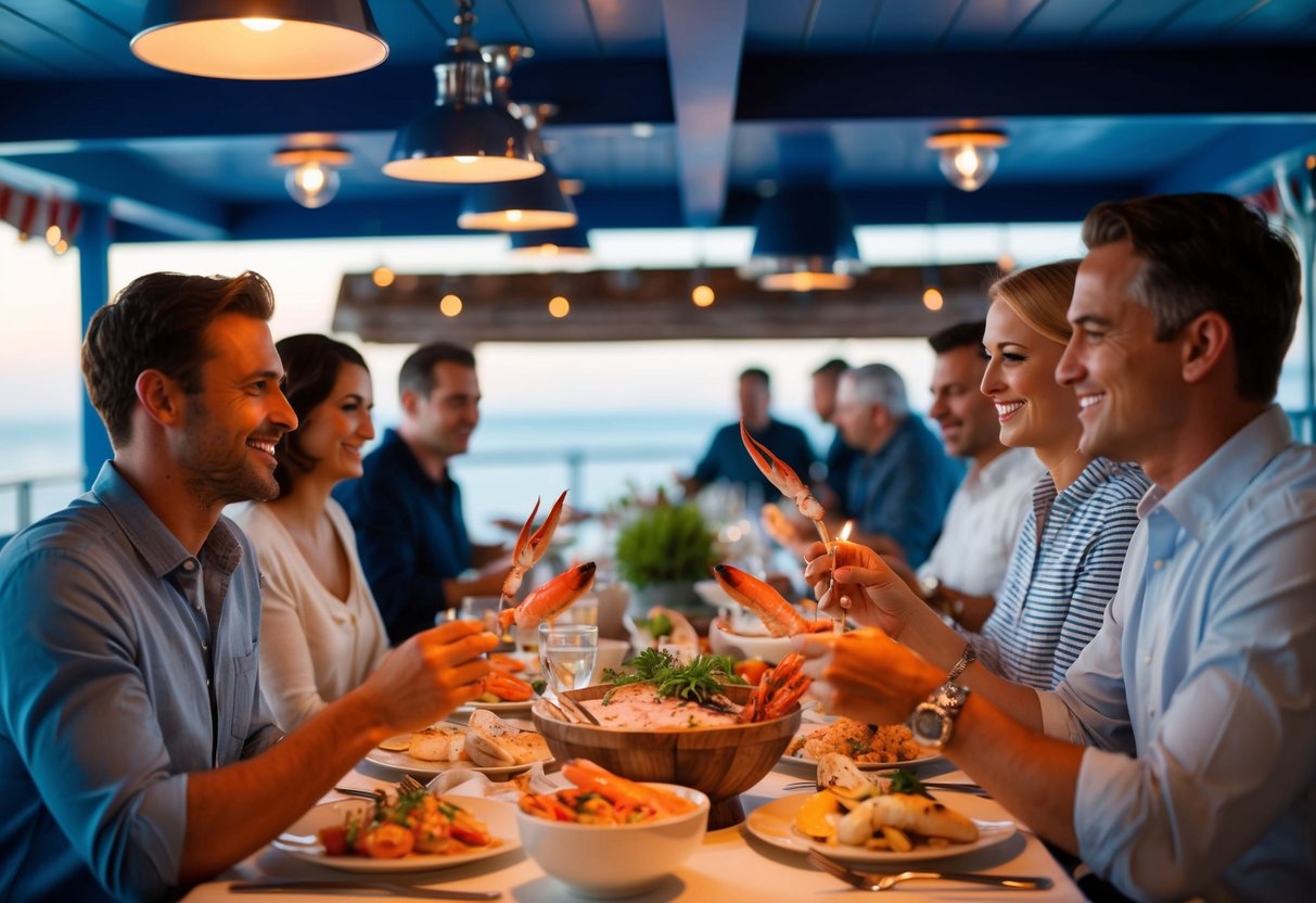Diners enjoying fresh seafood in a cozy, nautical-themed restaurant