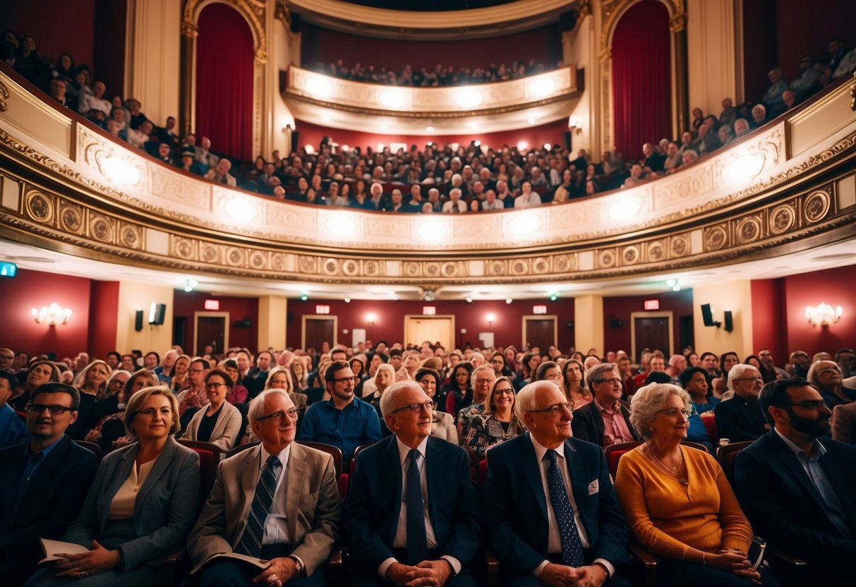 Audience members fill the ornate Civic Theatre, watching a live performance under the glow of the stage lights