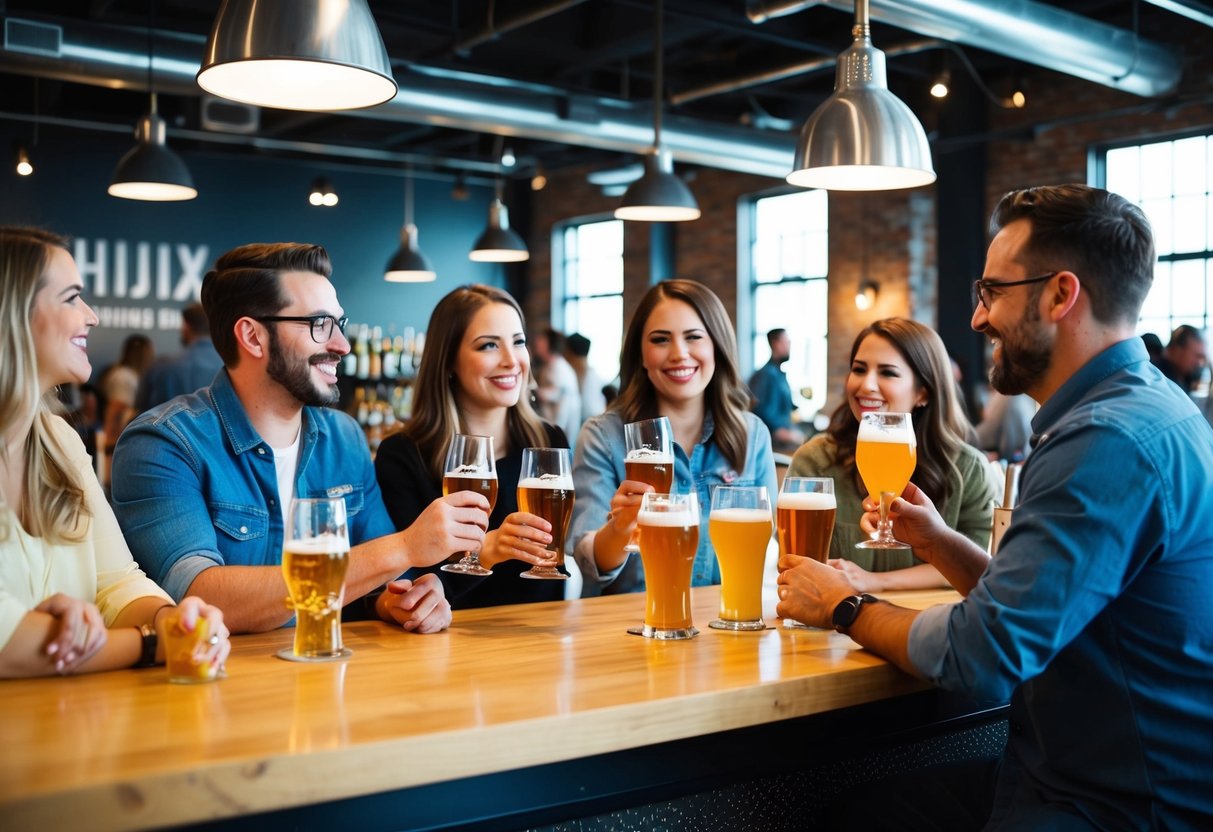 Customers enjoy tasting local craft beverages at HiJinx Brewing Company, surrounded by industrial-chic decor and lively conversation