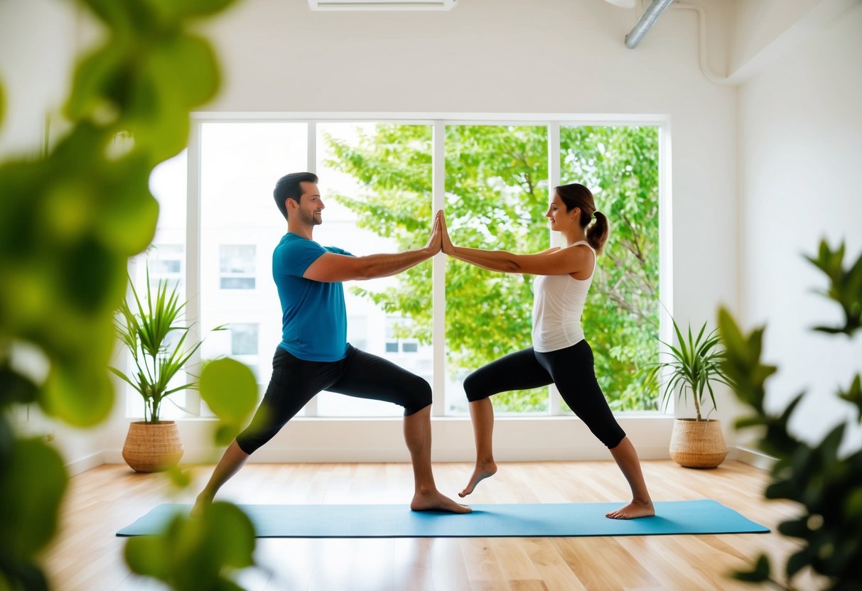 A couple practices yoga in a bright, spacious studio filled with natural light and surrounded by serene greenery