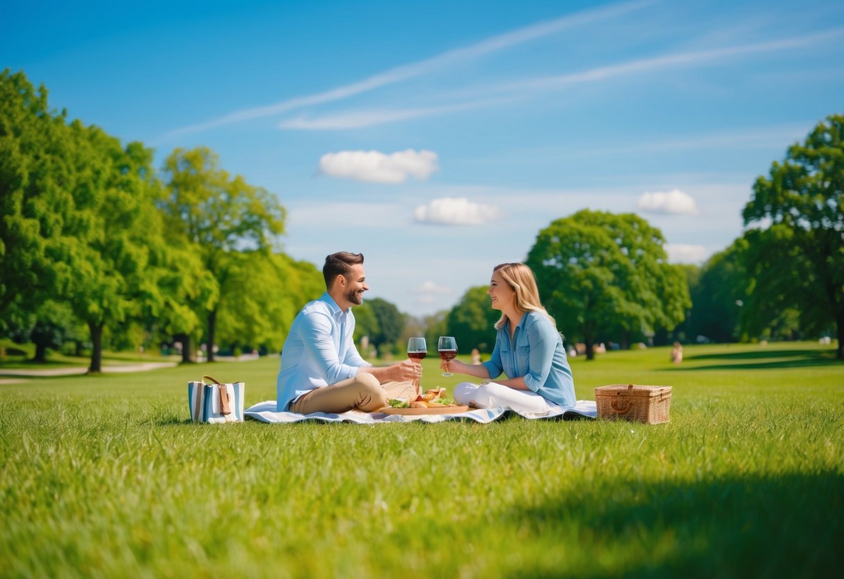 A couple picnicking in a sunny park, surrounded by a lush green landscape with a clear blue sky overhead