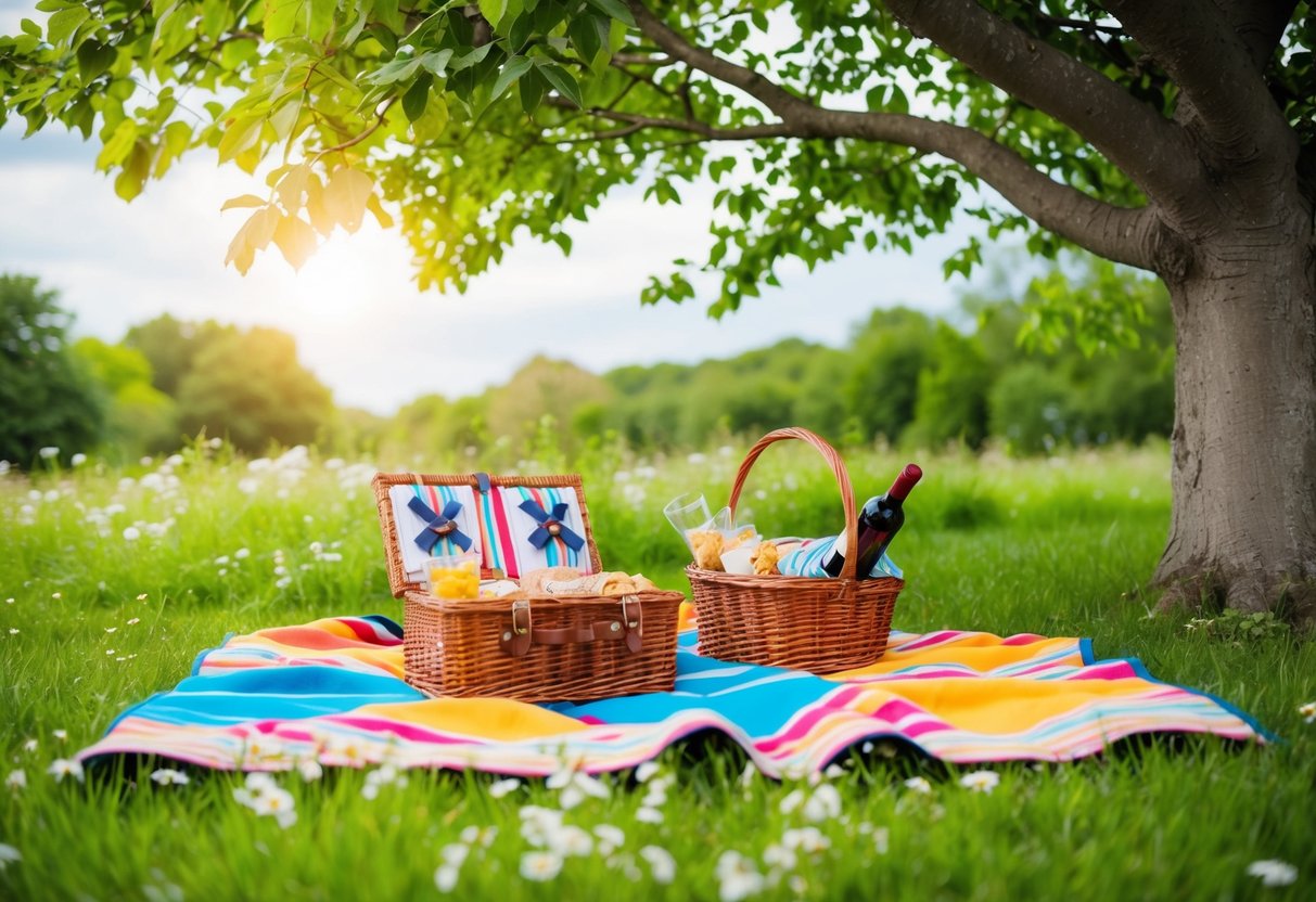 A colorful picnic blanket spread under a leafy tree, surrounded by lush green grass and blooming flowers. A wicker basket filled with delicious snacks and a bottle of wine sit on the blanket