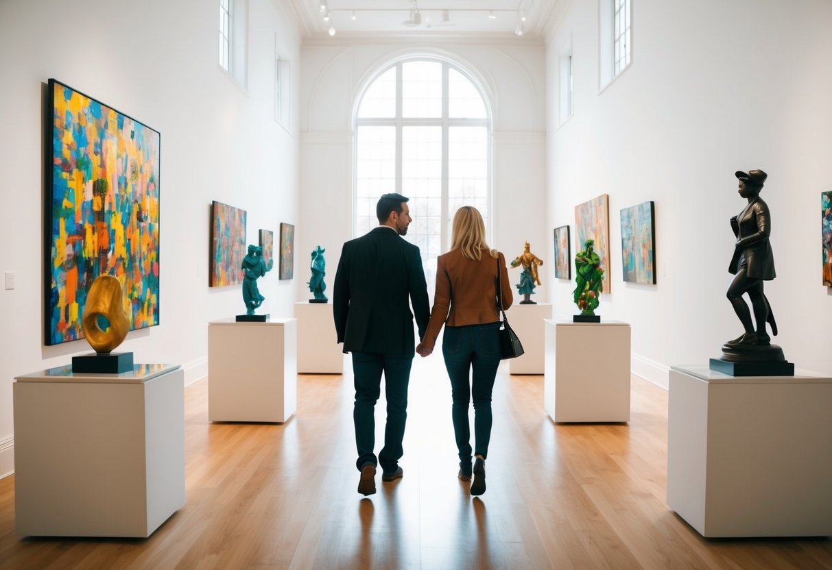 A couple walks through a spacious art gallery, admiring colorful paintings and sculptures displayed on white walls and pedestals. Light streams in from large windows, casting a warm glow over the space
