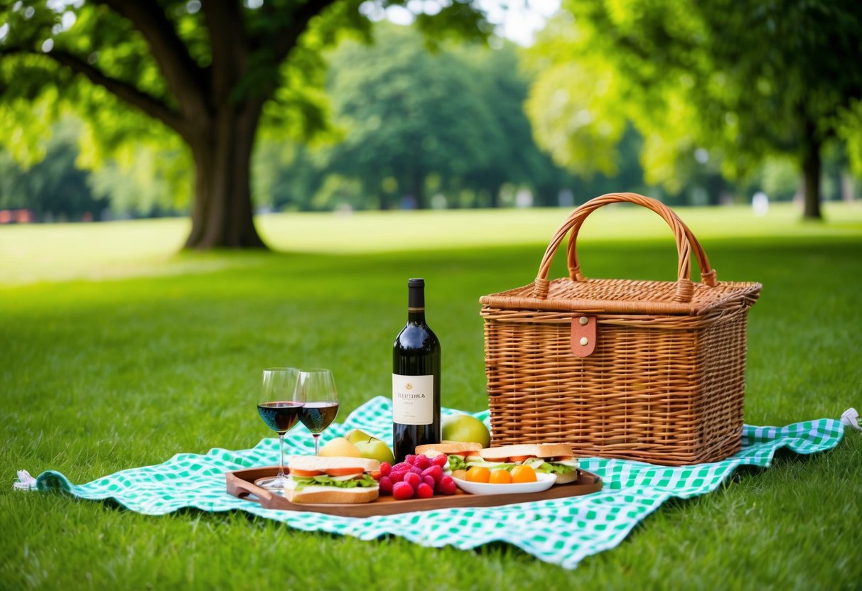 A picnic in a lush, green park with a checkered blanket, a wicker basket, and a spread of sandwiches, fruits, and wine