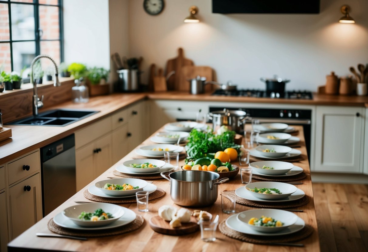 A cozy kitchen with a large wooden table set for a cooking class. Fresh ingredients, pots, and pans are neatly arranged on the countertop