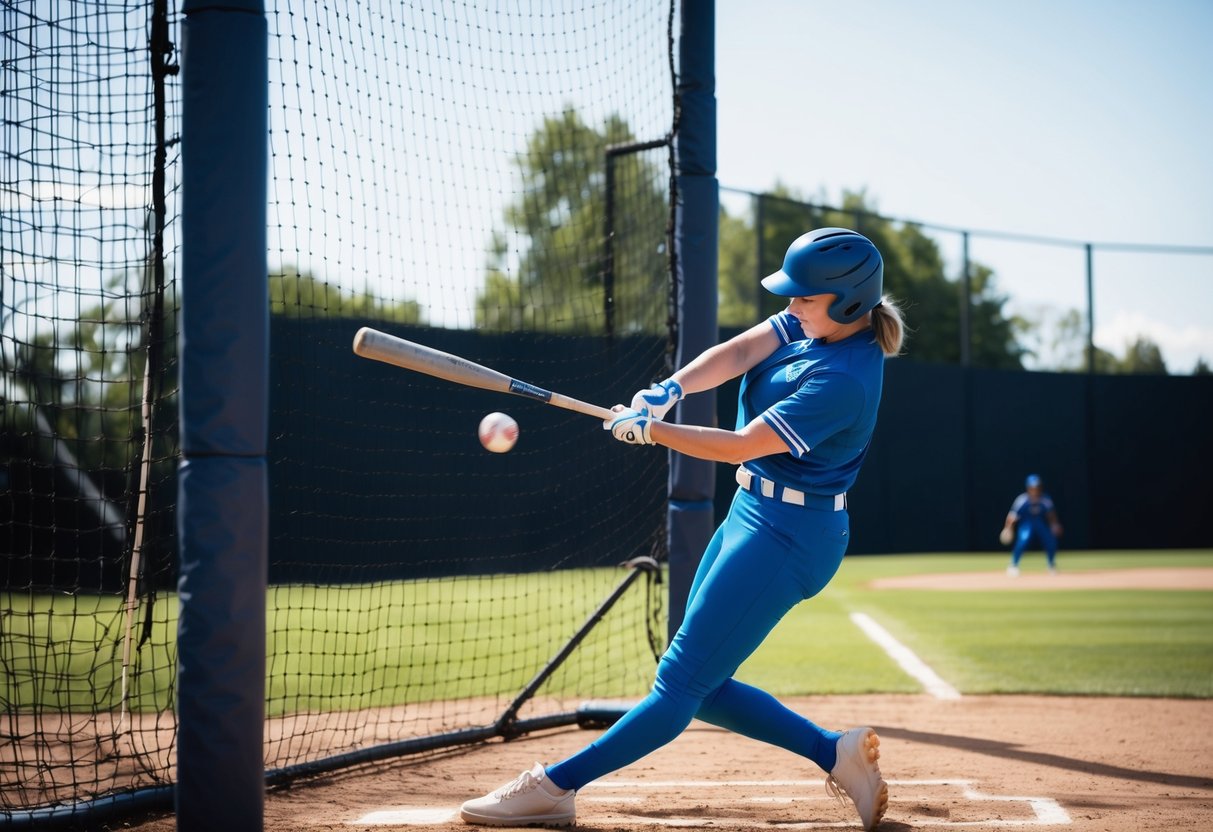 A baseball bat swings in the air, aiming for the speeding pitches inside the batting cages on a sunny afternoon