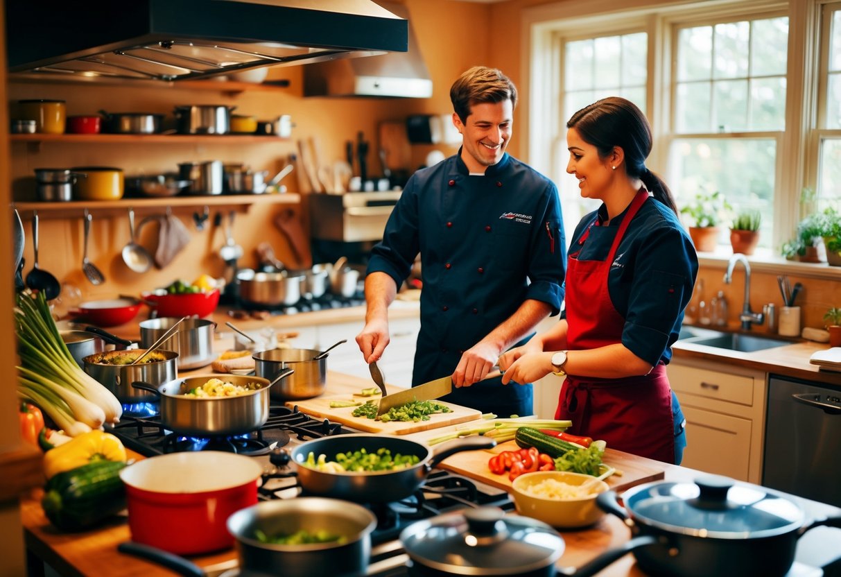 A cozy kitchen filled with pots, pans, and utensils. A chef and a student stand side by side, chopping vegetables and stirring pots on the stove. A warm and inviting atmosphere fills the room