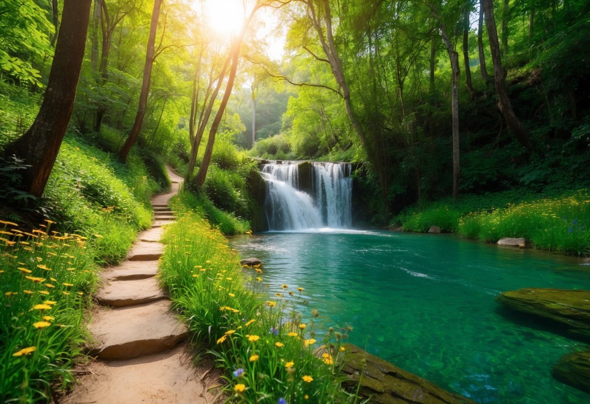 A winding trail leads through a lush forest, sunlight filtering through the canopy. A waterfall cascades into a crystal-clear pool, surrounded by vibrant wildflowers