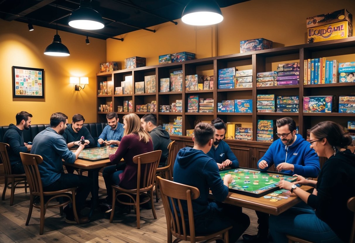 A cozy board game café with tables filled with people playing games, shelves stacked with colorful board games, and a warm, inviting atmosphere