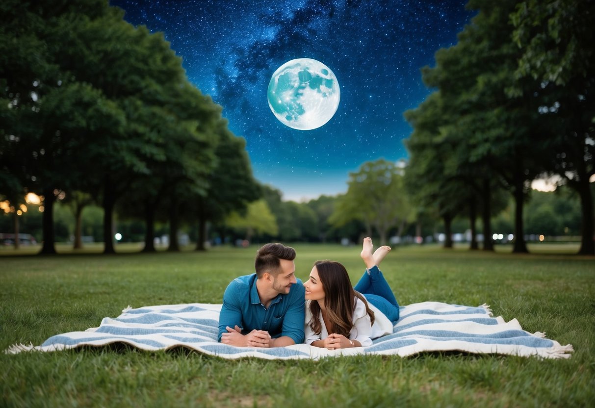 A couple lies on a blanket under a starry sky in a park, surrounded by trees and grass. The moon shines brightly, casting a soft glow over the peaceful scene