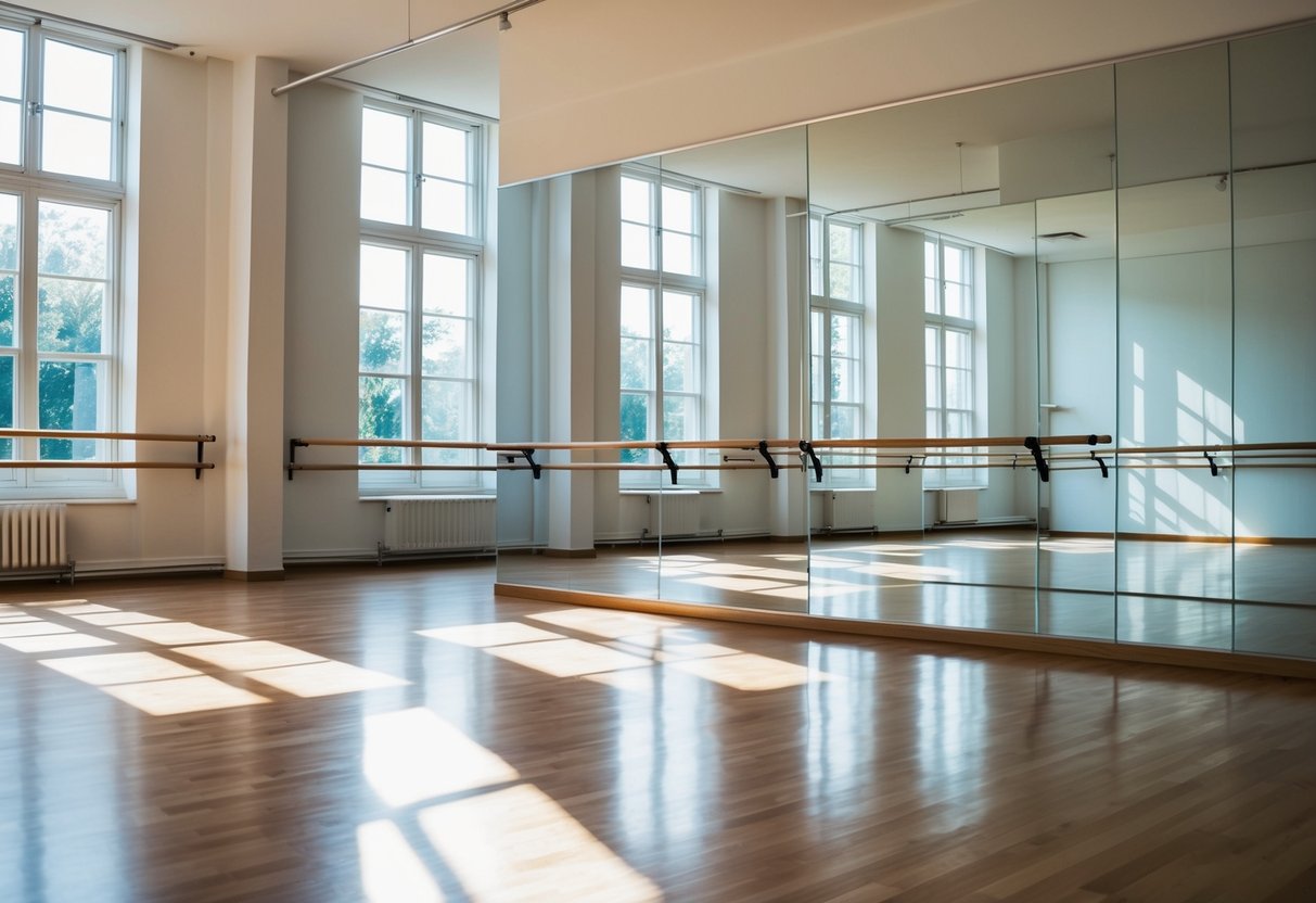 A dance studio with mirrors, ballet barres, and a polished wooden floor. Bright sunlight streams in through large windows, casting long shadows on the walls