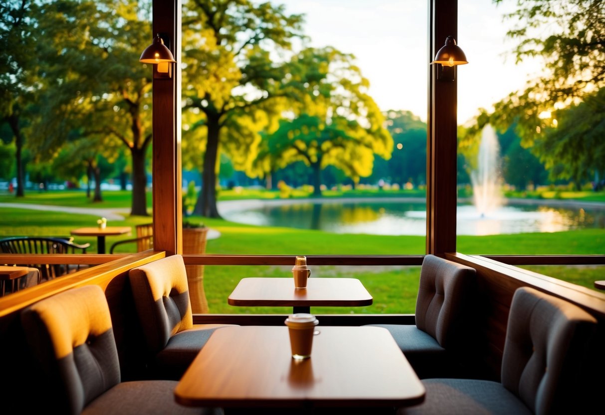 A cozy cafe with warm lighting, comfortable seating, and a view of a serene park with a sparkling pond