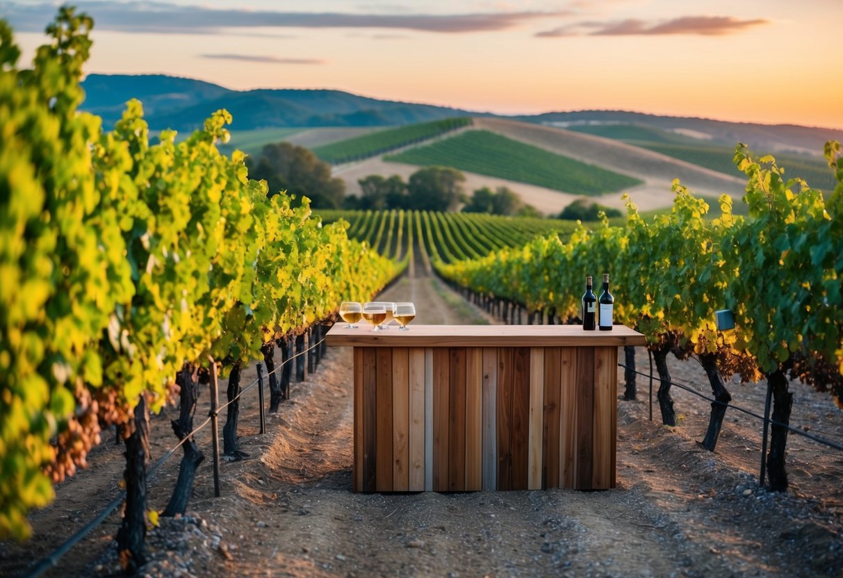 A rustic vineyard with rows of grapevines, a wooden tasting bar, and a backdrop of rolling hills and a sunset