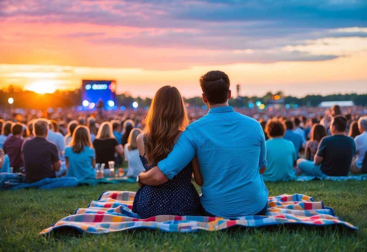 A couple sits on a picnic blanket surrounded by a crowd, listening to live music under a colorful sunset at an outdoor concert