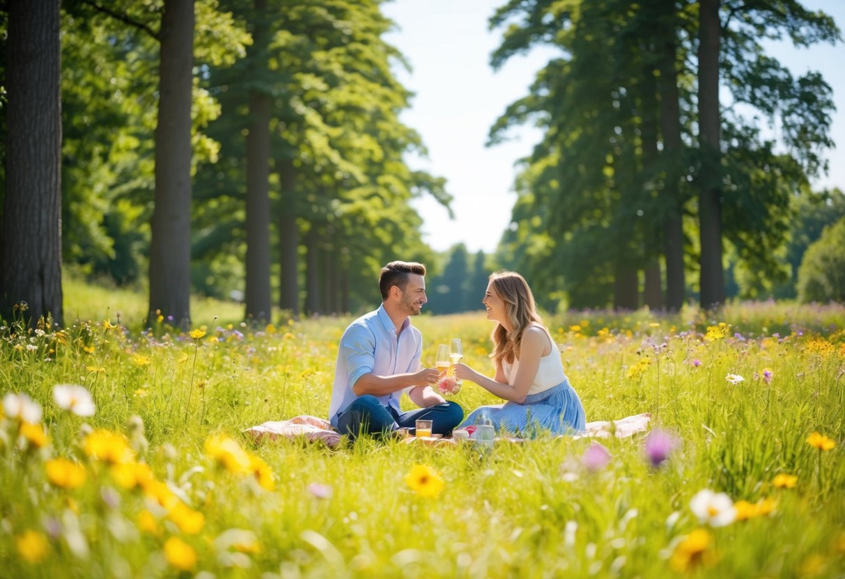 A couple picnicking in a lush, sun-dappled meadow surrounded by tall trees and colorful wildflowers