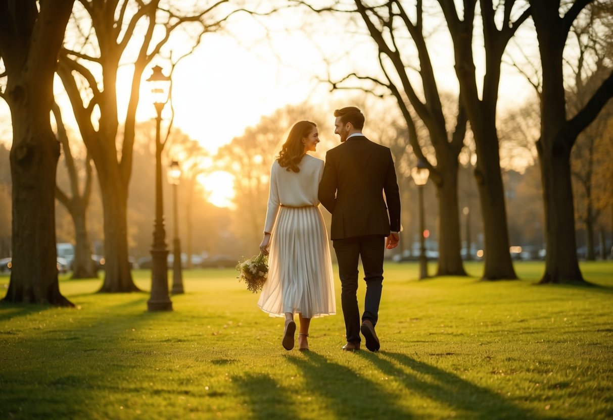 A couple strolling through a softly lit park, with the sun setting behind the trees and a warm glow enveloping the scene