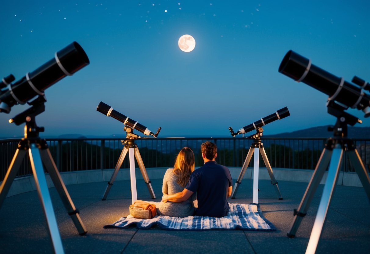 A couple sits on a blanket, surrounded by telescopes at the observatory. The night sky is clear, with twinkling stars and a bright full moon overhead