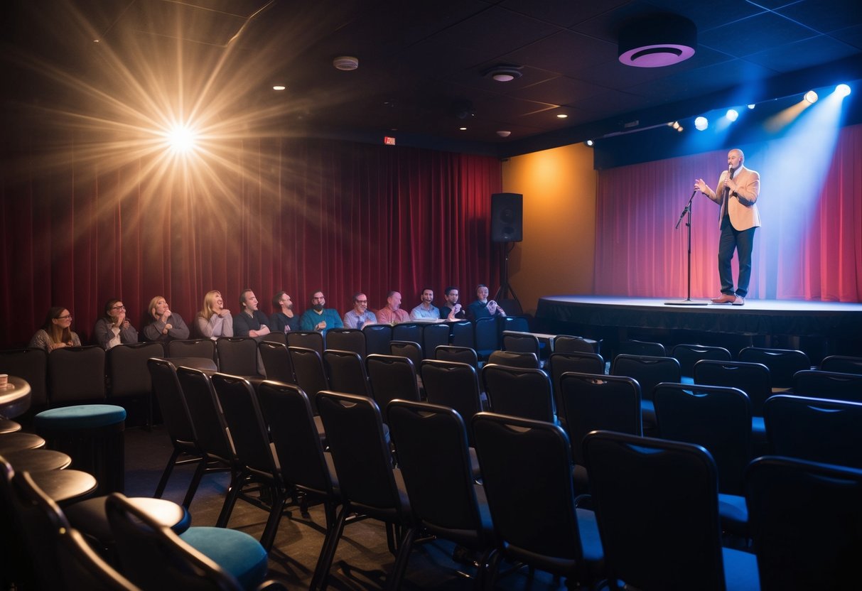 A dimly lit comedy club with a stage, microphone, and rows of seating. Laughter fills the air as a spotlight shines on the performer