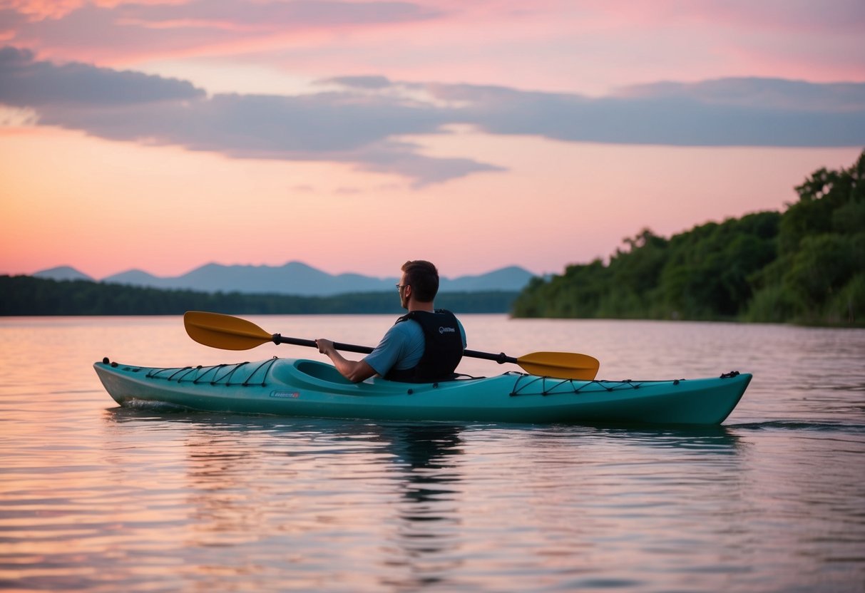 A kayak glides through calm waters under a pink and orange sunset, surrounded by lush greenery and distant mountains