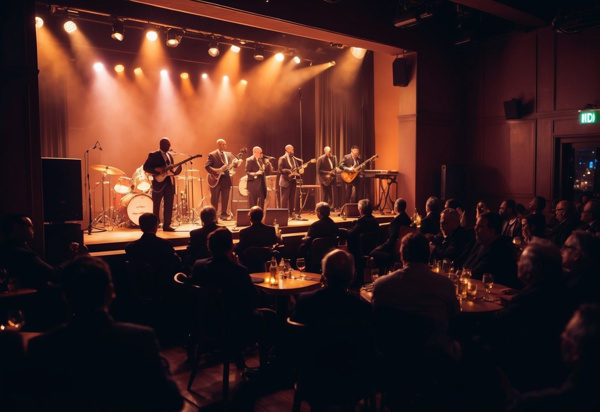 A dimly lit jazz club with a stage bathed in warm spotlights, musicians playing instruments, and a small audience enjoying the live performance
