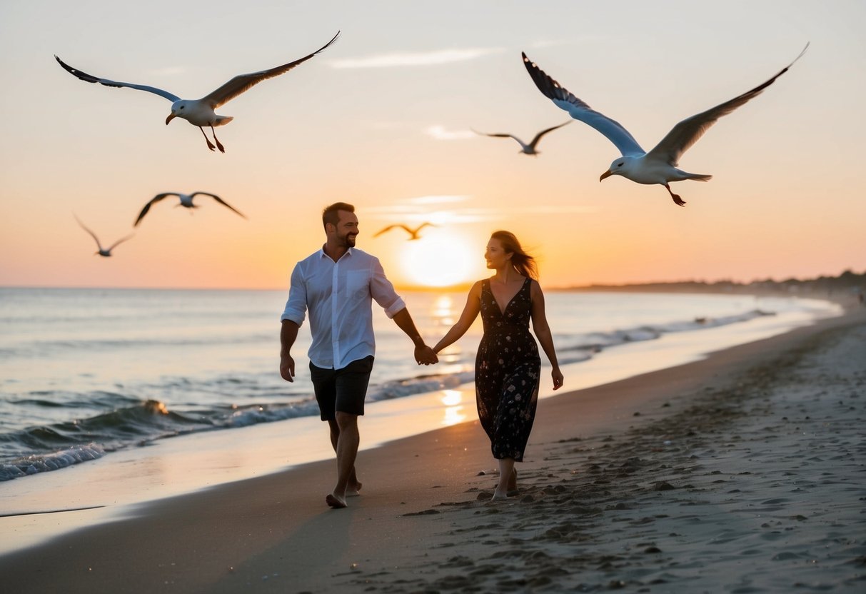 A couple walks along the sandy shore, waves gently lapping at their feet. Seagulls soar overhead as the sun begins to set, casting a warm glow over the tranquil scene