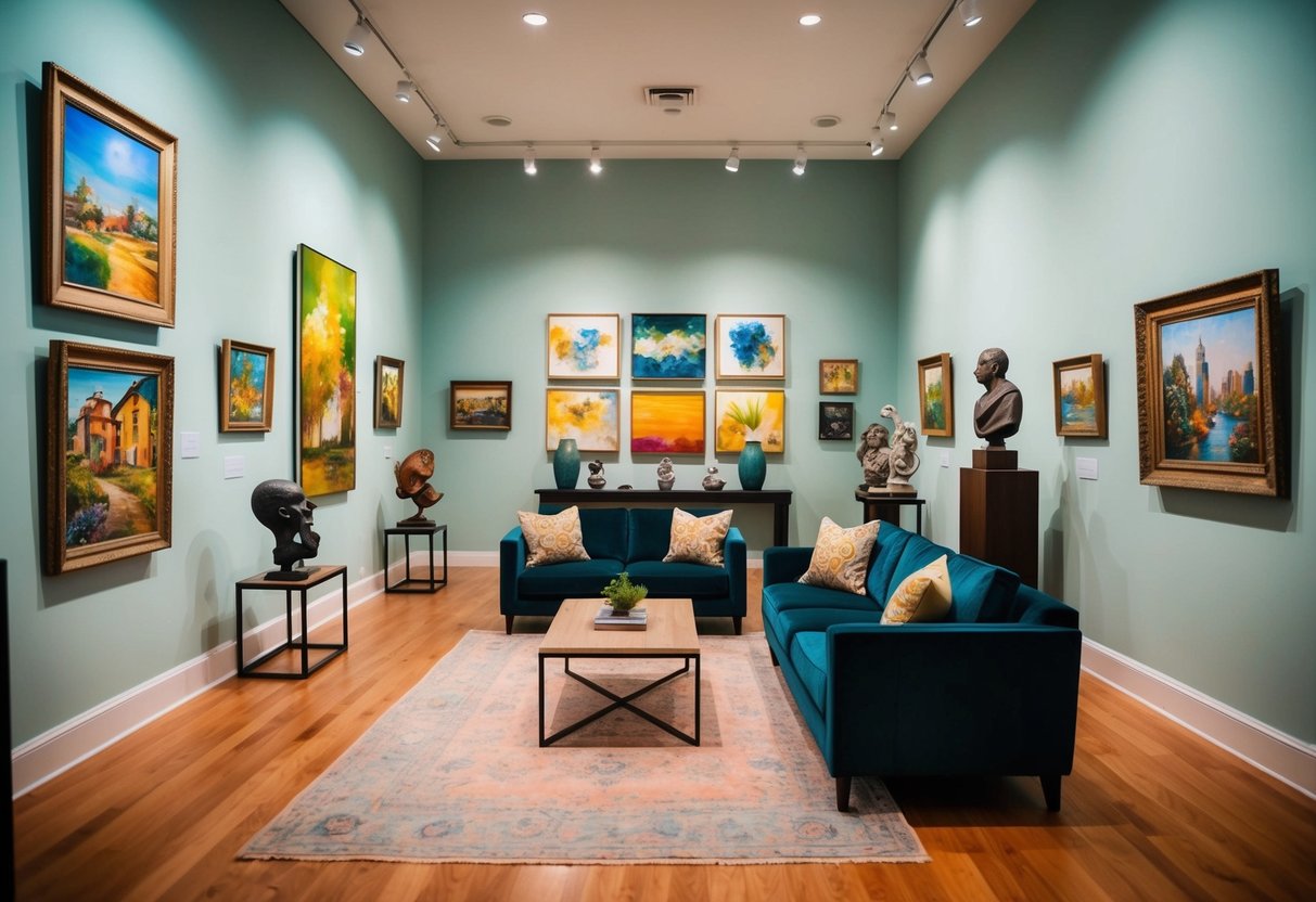 A cozy art gallery with colorful paintings and sculptures, soft lighting, and a relaxed atmosphere