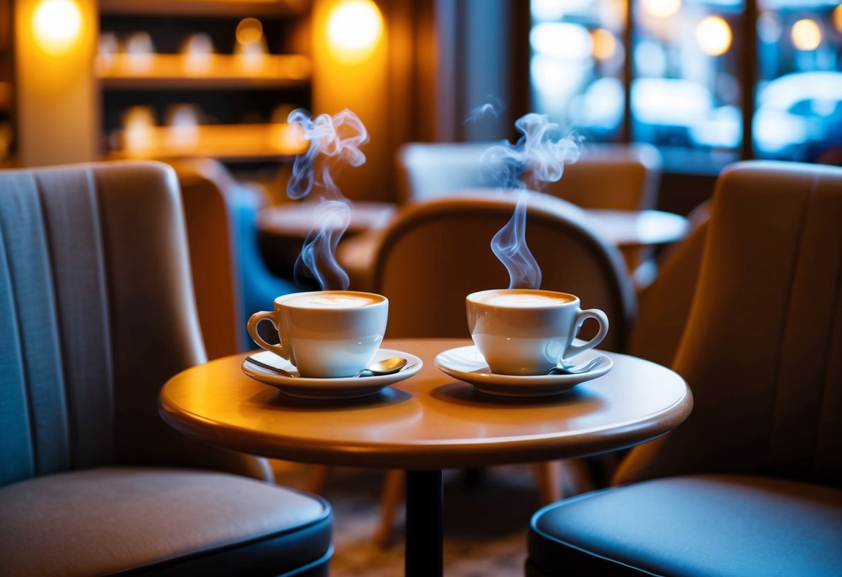 A cozy café with two steaming cups of coffee on a small table, surrounded by comfortable chairs and warm lighting