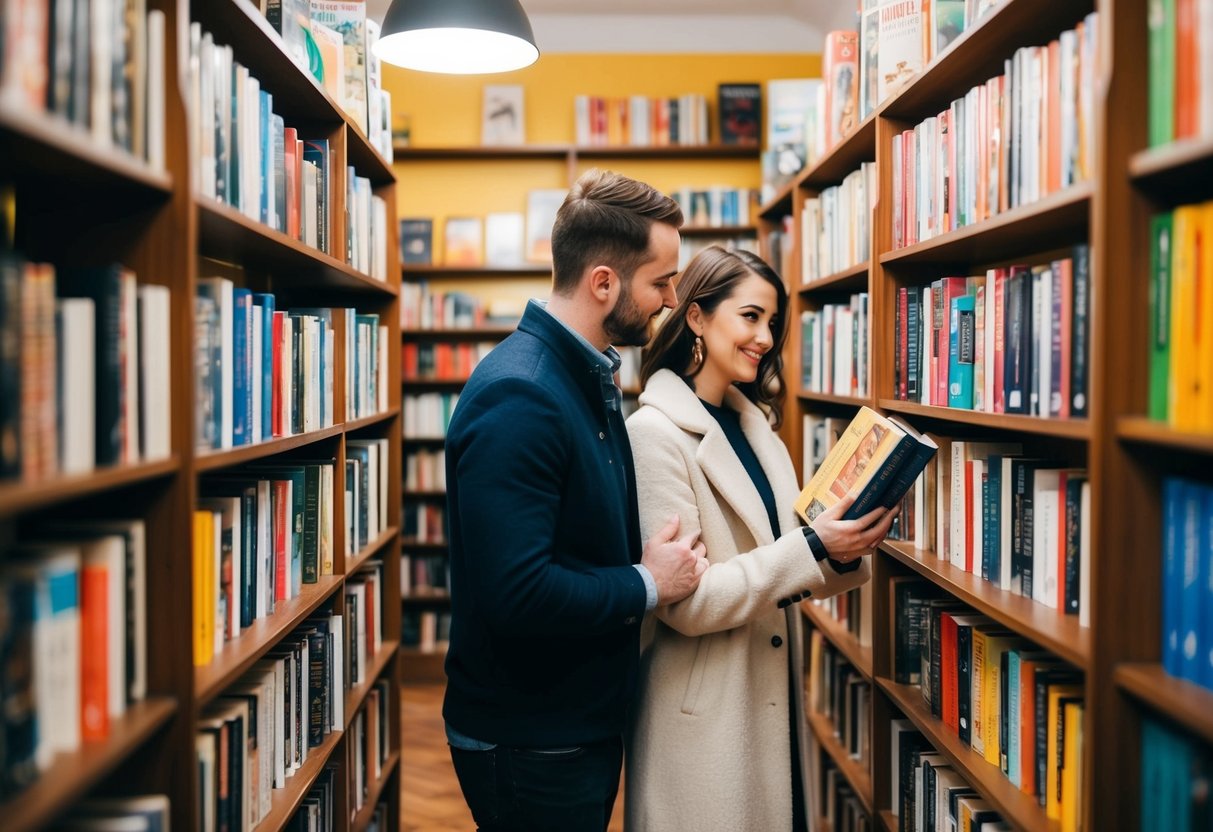 A couple browses through shelves of books in a cozy bookstore, surrounded by colorful covers and the scent of paper and ink