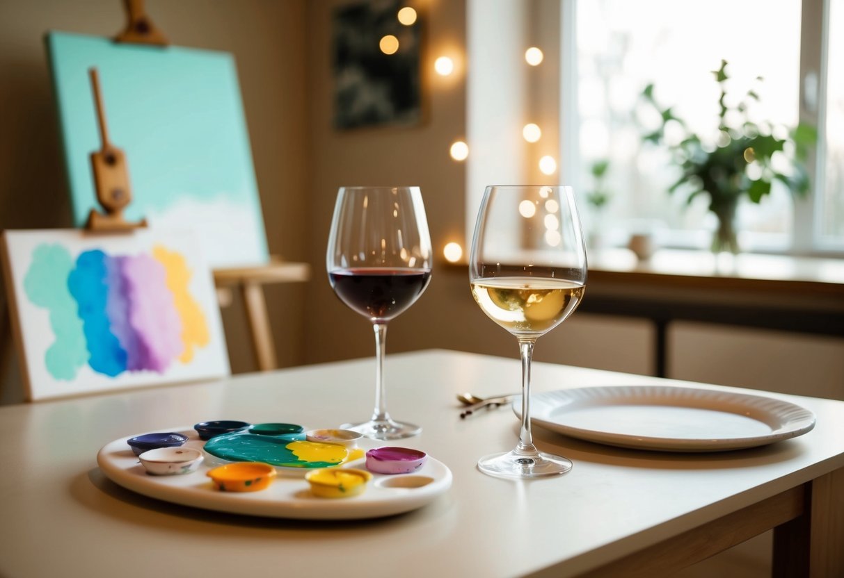 A cozy table with two wine glasses, a paint palette, and canvases set up under soft lighting