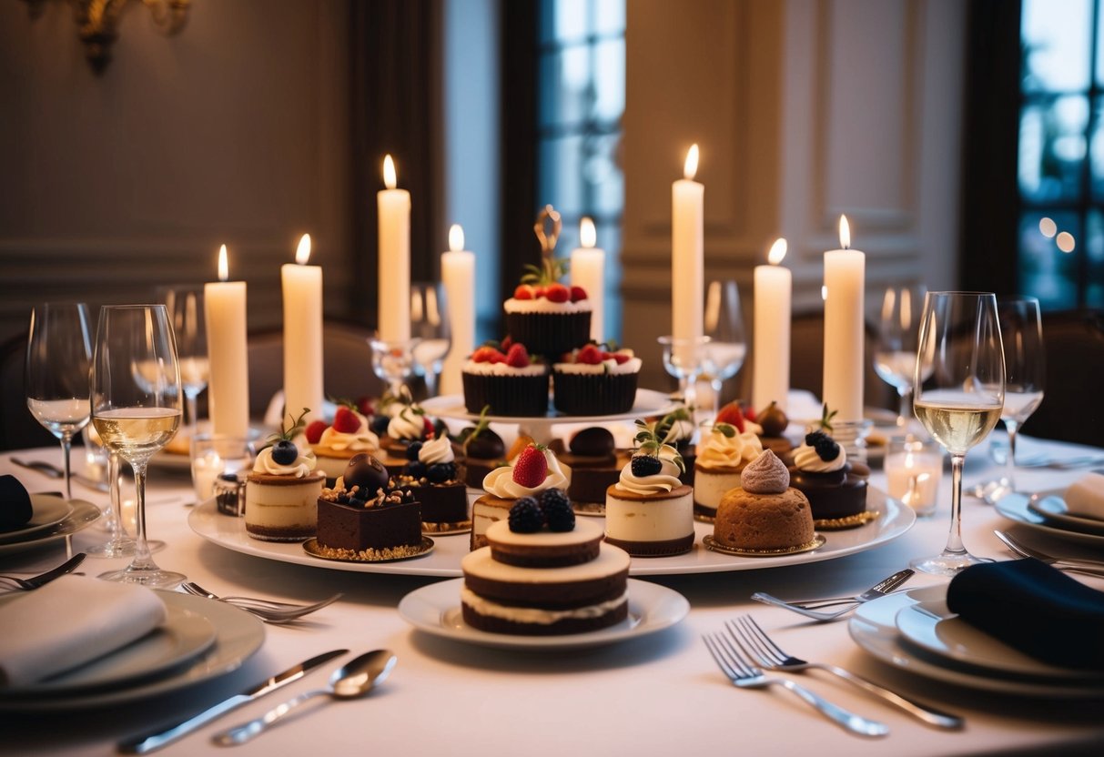 A table set with an assortment of decadent desserts, surrounded by elegant cutlery and plates, with soft candlelight casting a warm glow