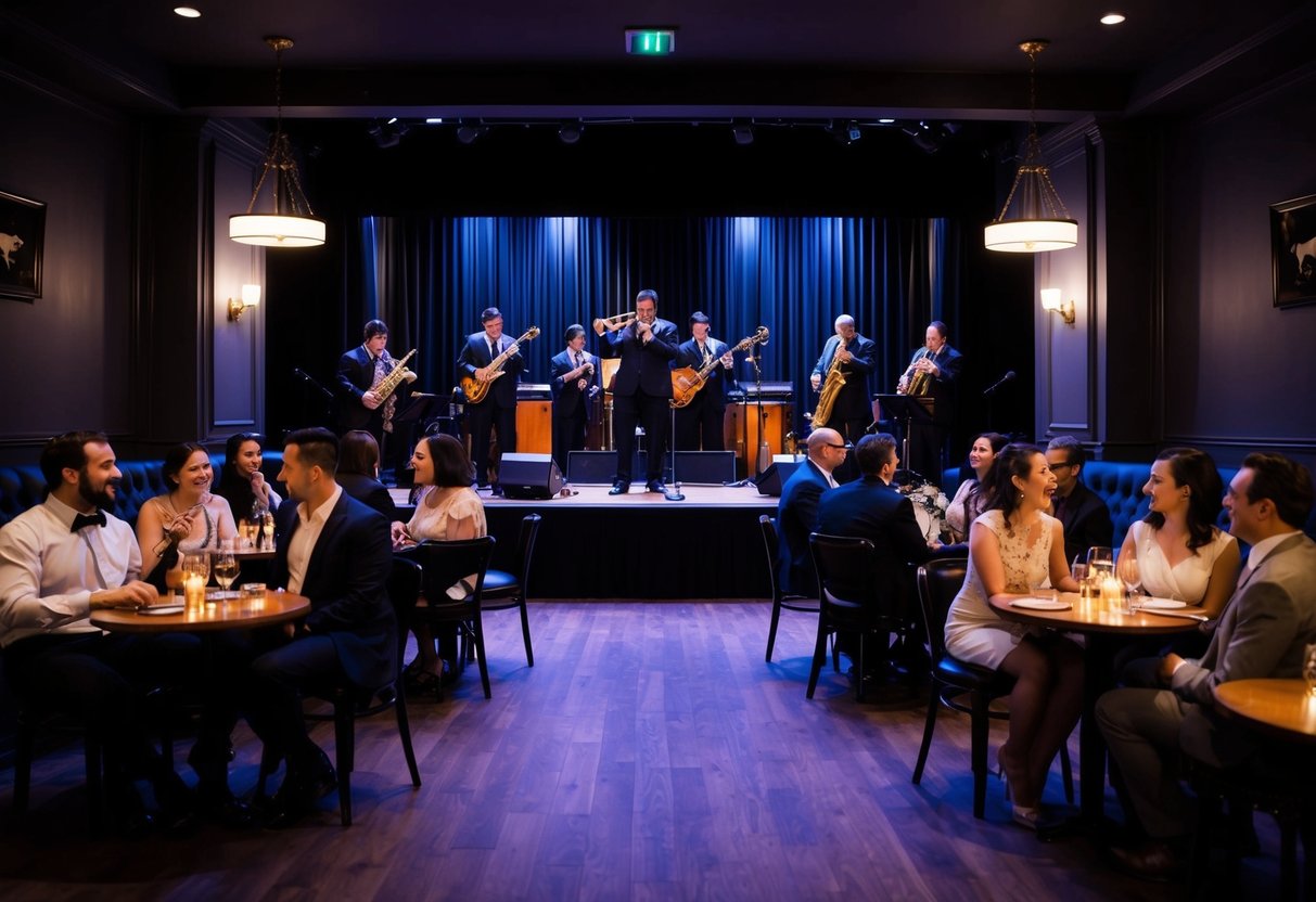 A dimly lit jazz club with a stage, musicians playing instruments, and couples seated at small tables enjoying the music