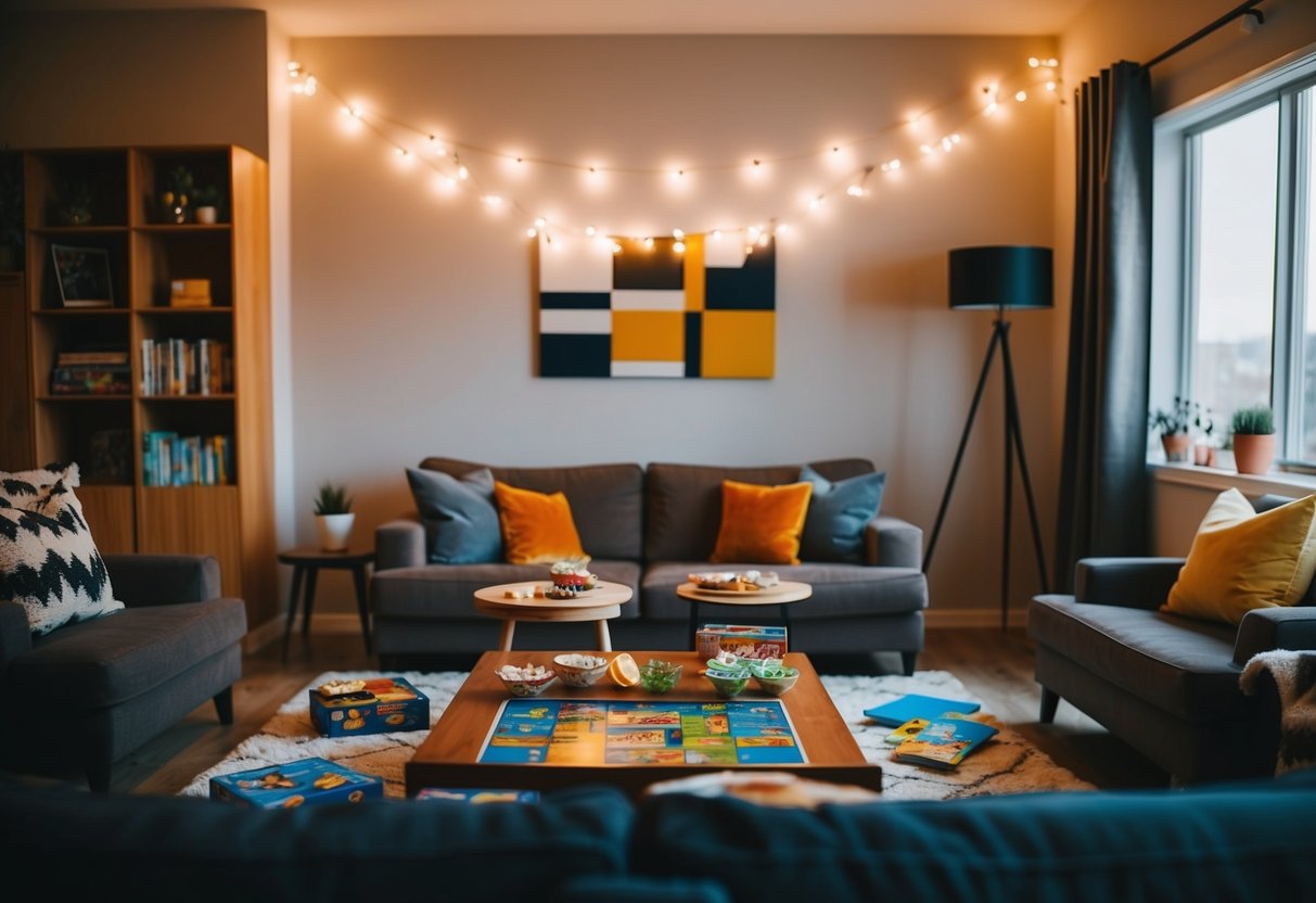 A cozy living room with board games, snacks, and a warm glow from string lights