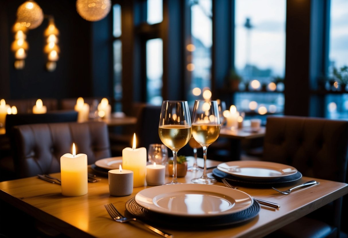 A cozy, dimly lit restaurant with soft music, flickering candles, and a table set for two