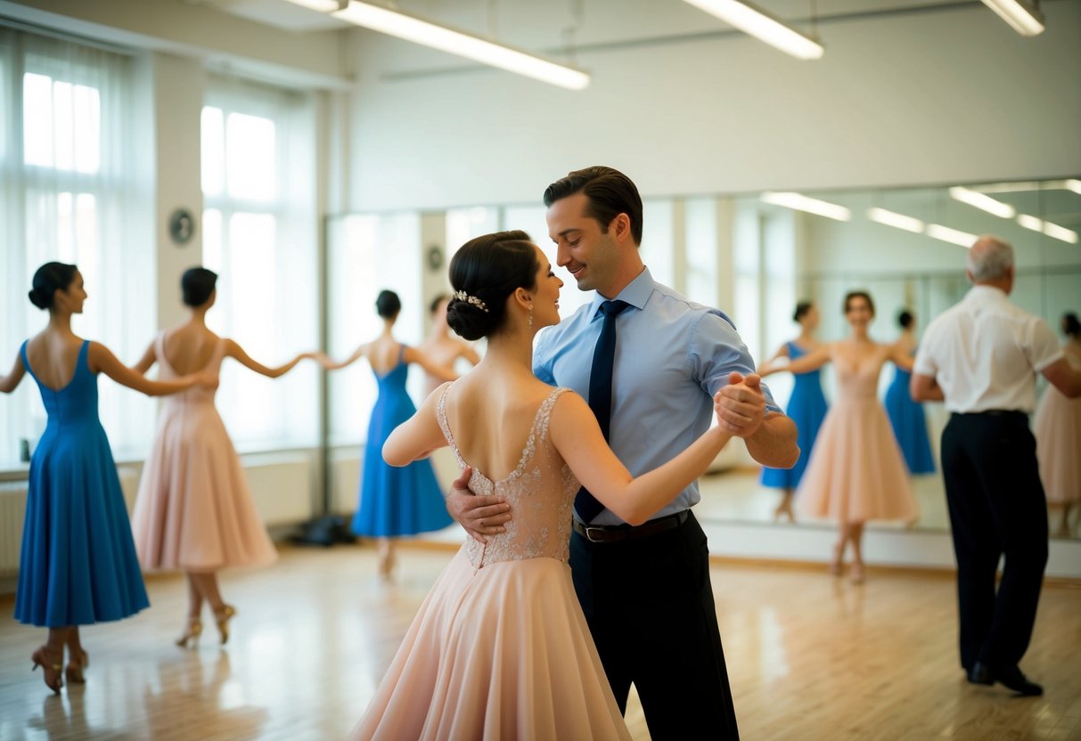 A couple gracefully dances in a studio filled with mirrors and soft lighting, surrounded by the sound of music and the gentle guidance of an instructor