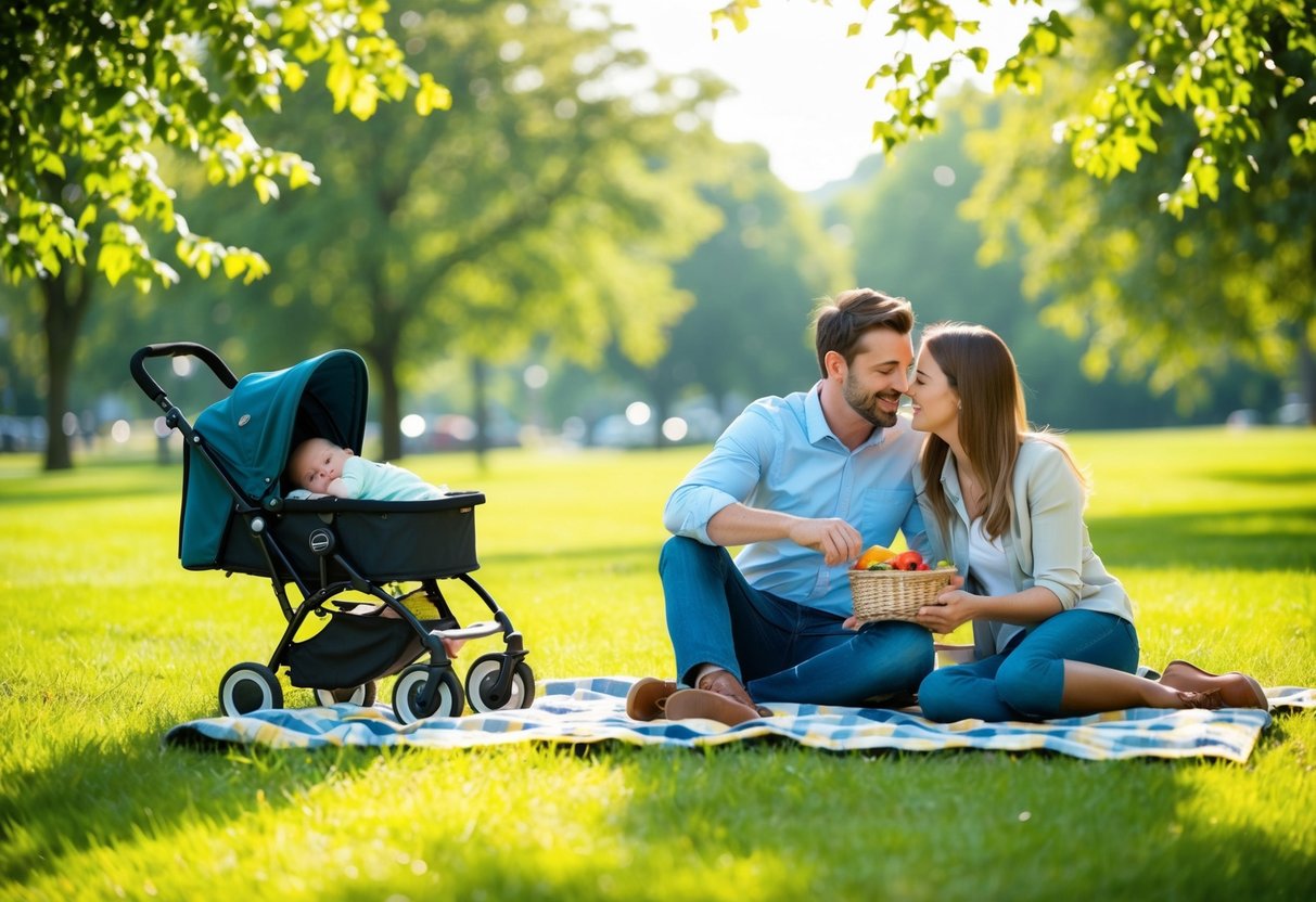 A couple sits on a blanket in a sunlit park, enjoying a picnic as their baby sleeps in a stroller beside them. A gentle breeze rustles the leaves of the nearby trees