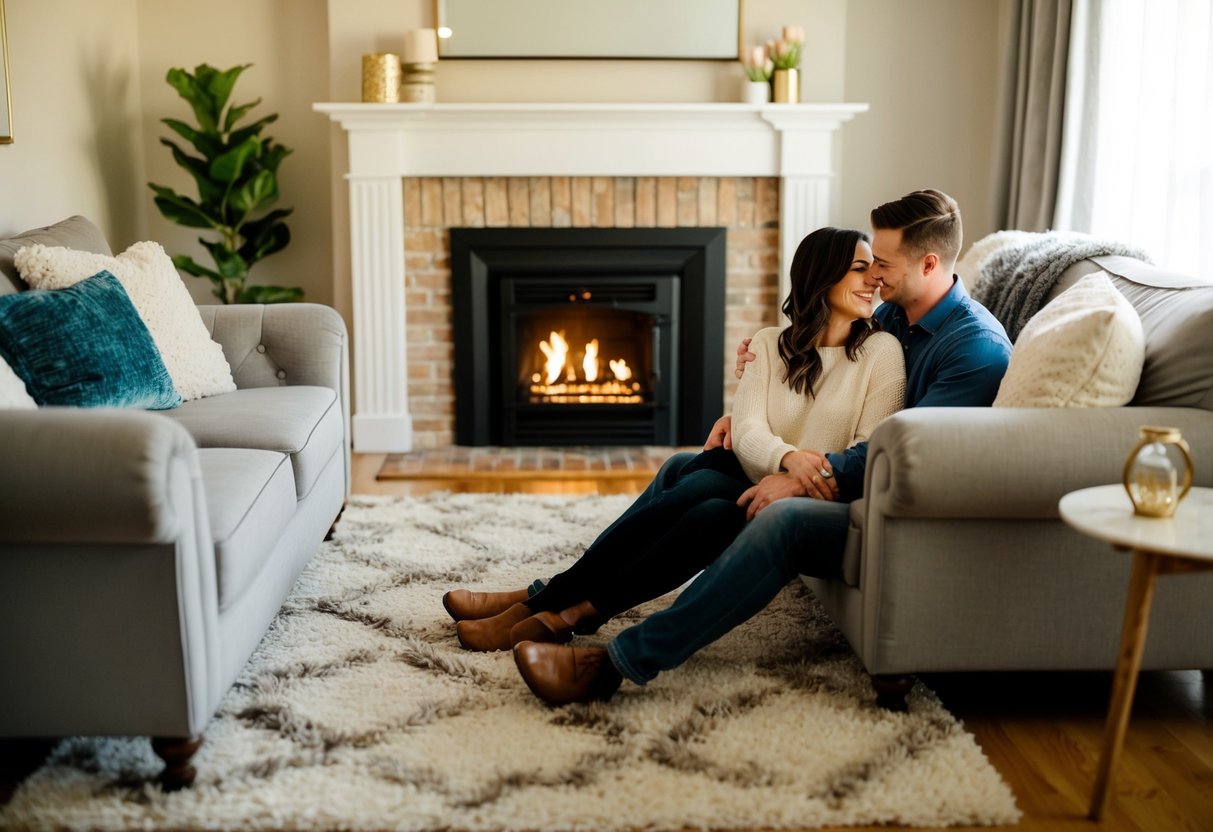 A cozy living room with soft lighting, a plush rug, and a crackling fireplace. A couple sits close, sharing a warm embrace and enjoying a quiet moment together