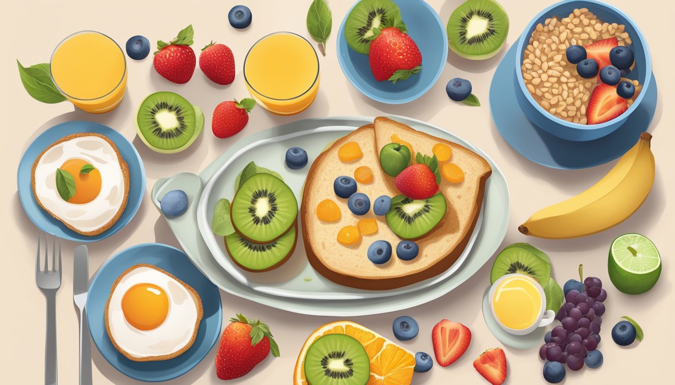 A table set with a colorful array of healthy breakfast options, including fruits, whole grains, and protein-rich foods