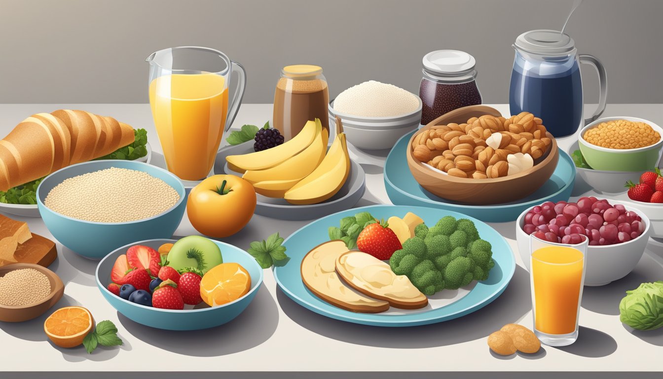 A breakfast table with a variety of foods, including fruits, vegetables, whole grains, and lean proteins, with a focus on low-sugar and allergen-free options