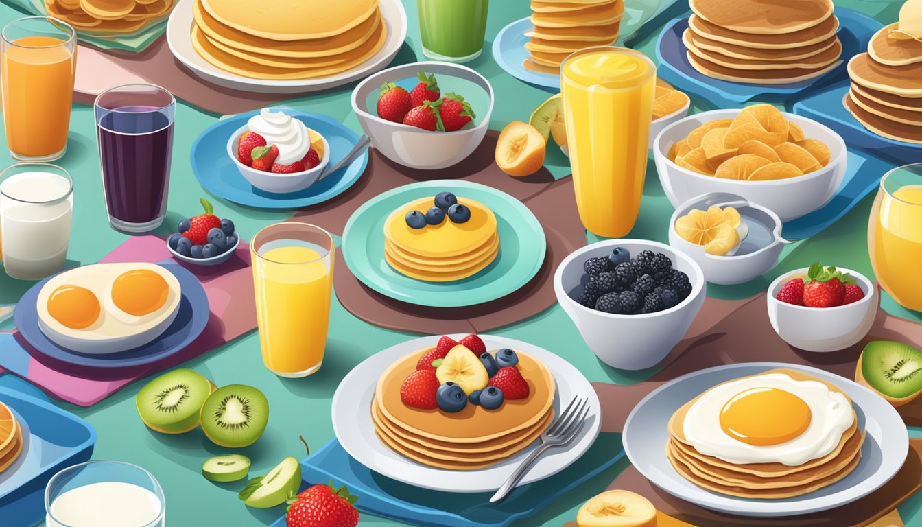 A breakfast table with a variety of diabetic-friendly sweet options, such as fruit, yogurt, and sugar-free pancakes, arranged neatly on colorful plates