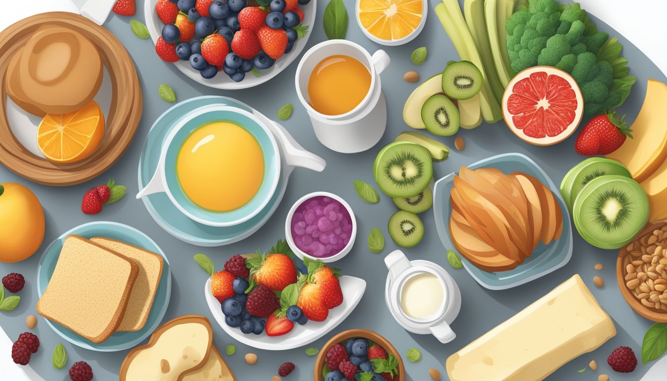 A breakfast table with a variety of diabetic-friendly and allergen-free foods such as fruits, vegetables, whole grains, lean proteins, and dairy alternatives