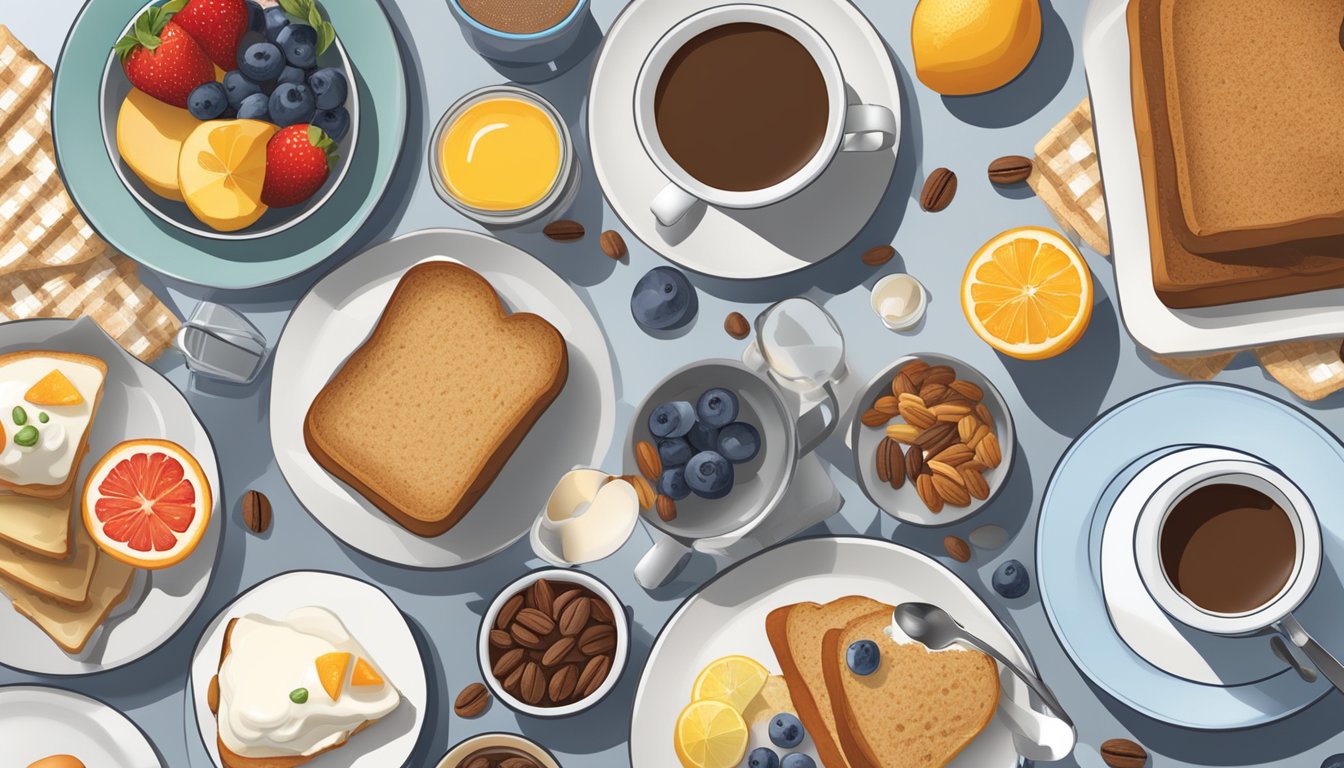 A breakfast table with a spread of diabetic-friendly foods like fresh fruit, whole grain toast, yogurt, and nuts. A steaming cup of coffee or tea sits nearby