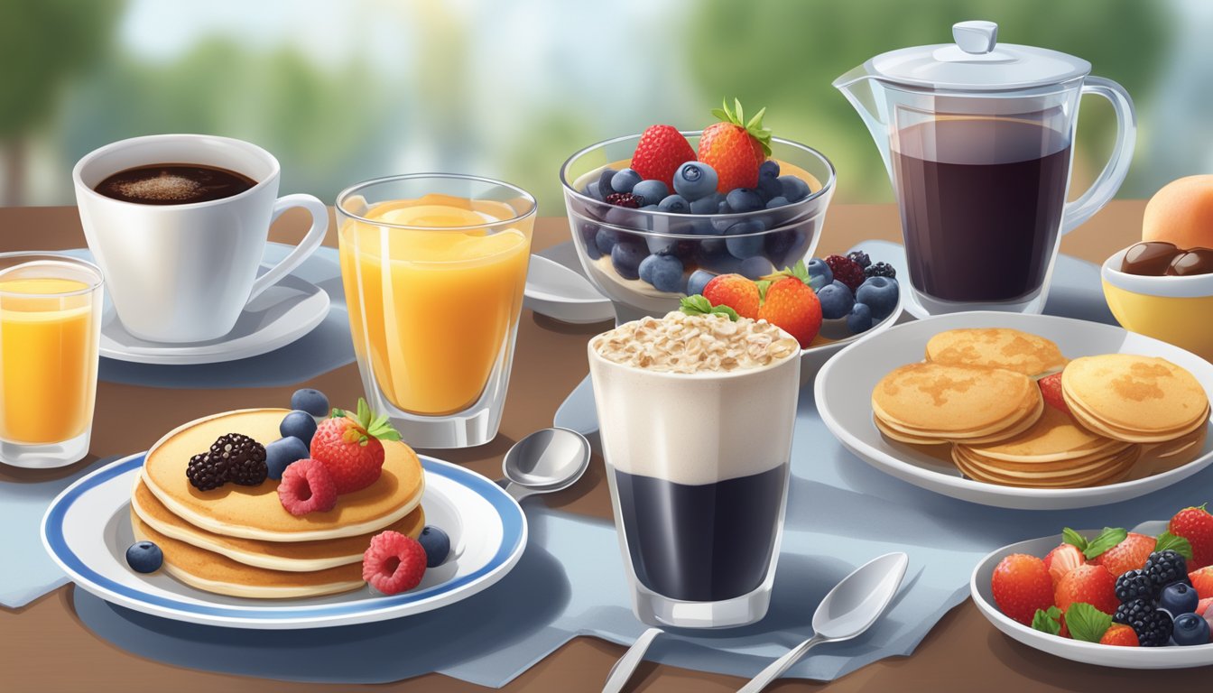 A breakfast table with a variety of diabetic-friendly dessert options, such as fruit parfaits, oatmeal with berries, and sugar-free pancakes, alongside a steaming cup of coffee