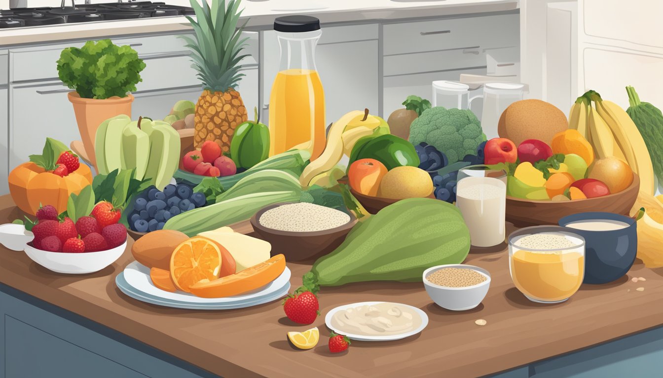 A kitchen counter with a variety of fresh fruits, vegetables, whole grains, and dairy-free alternatives, along with a cookbook open to a page of diabetic-friendly breakfast recipes