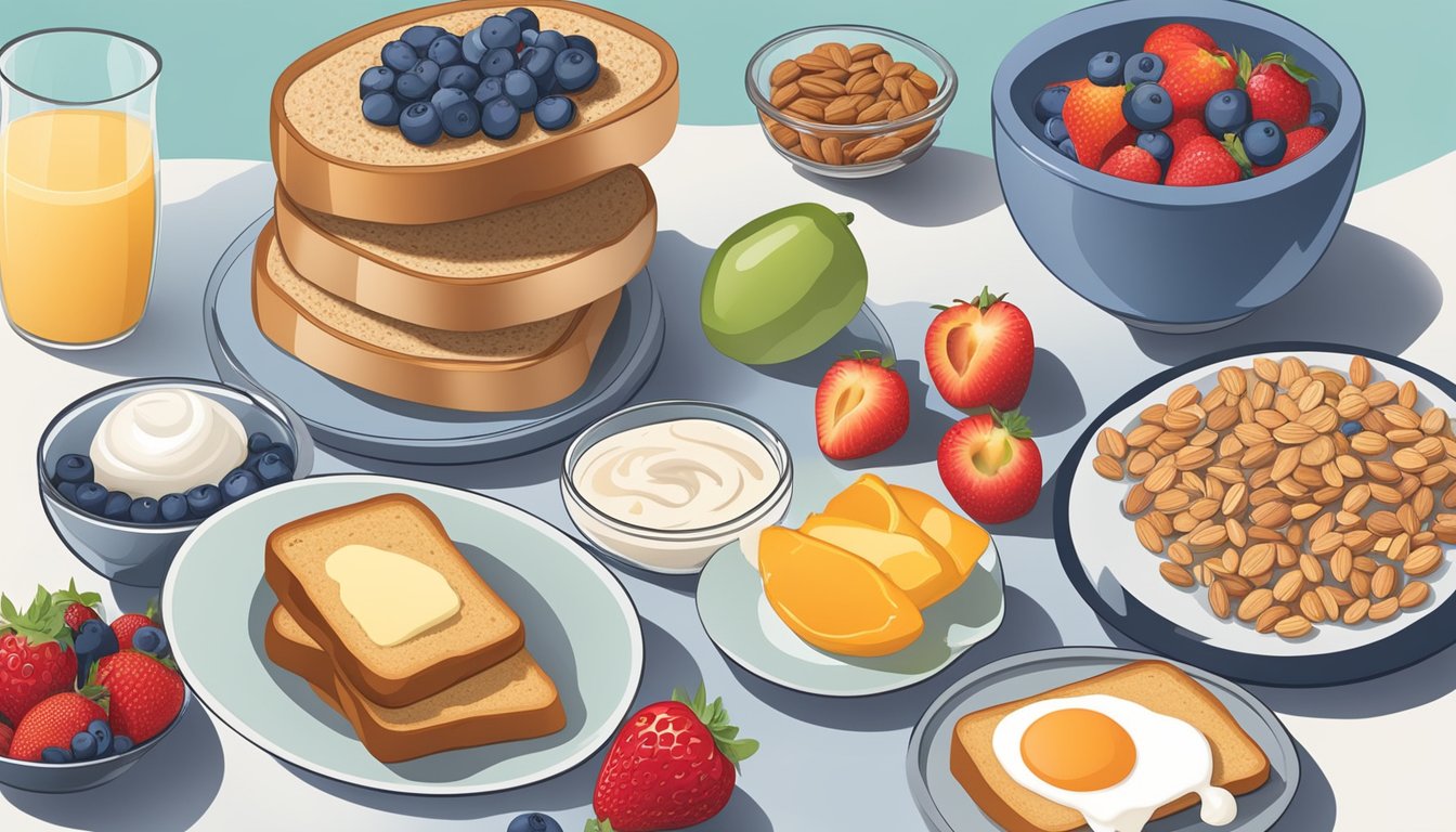 A table set with a variety of diabetic-friendly breakfast options, including fresh fruits, whole grain toast, yogurt, and nuts, with allergy-friendly alternatives displayed alongside