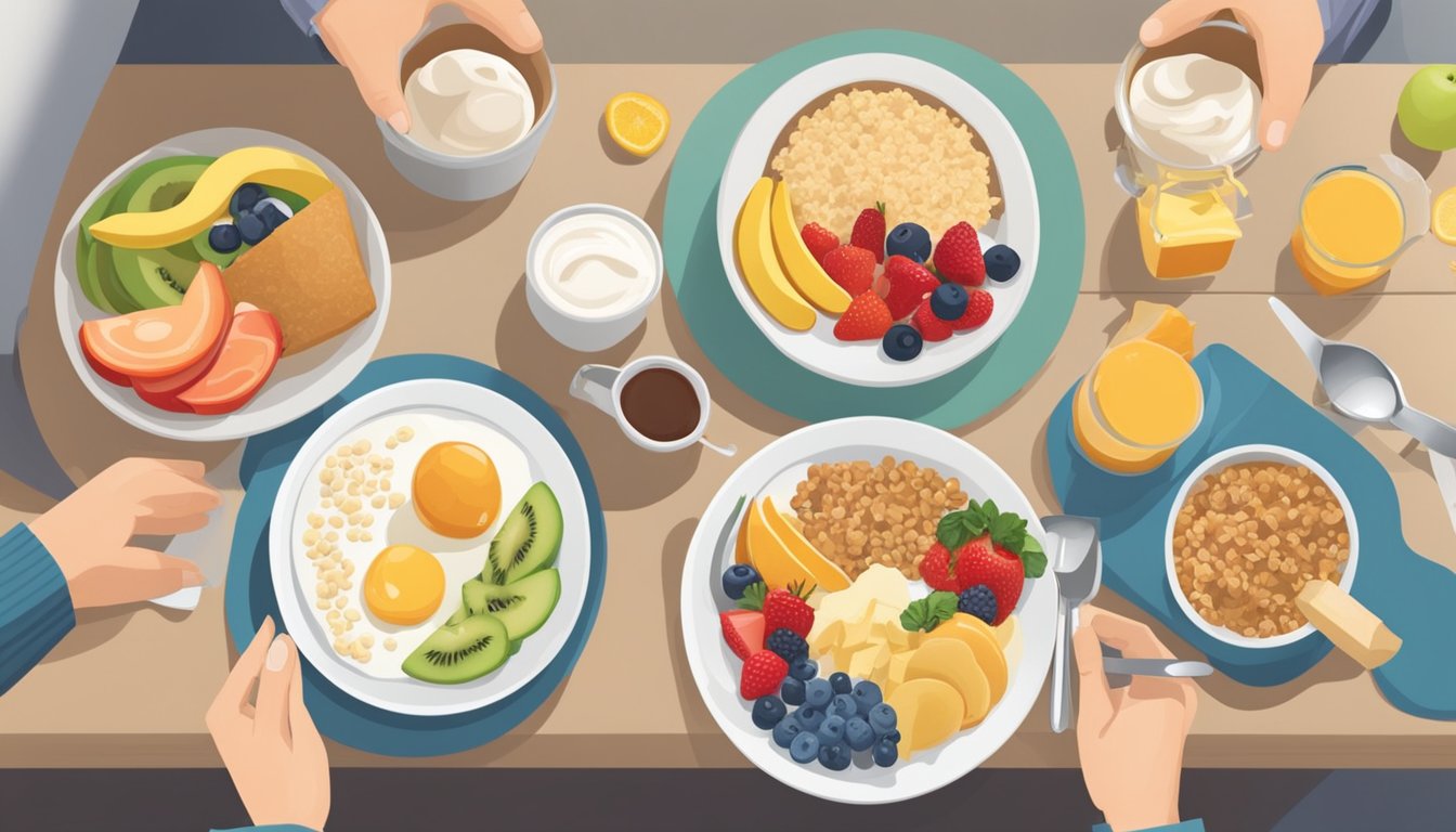 A table set with a variety of diabetic-friendly breakfast options, including fruits, whole grains, and low-fat dairy products. A person is seen preparing a balanced meal